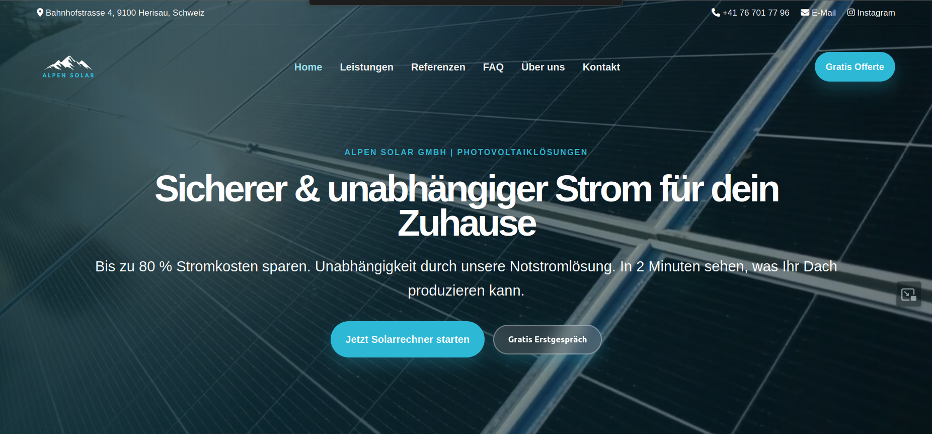 Solar-Service-Seite für PV-Planung, Bewilligungen, Montage und Batteriespeicher