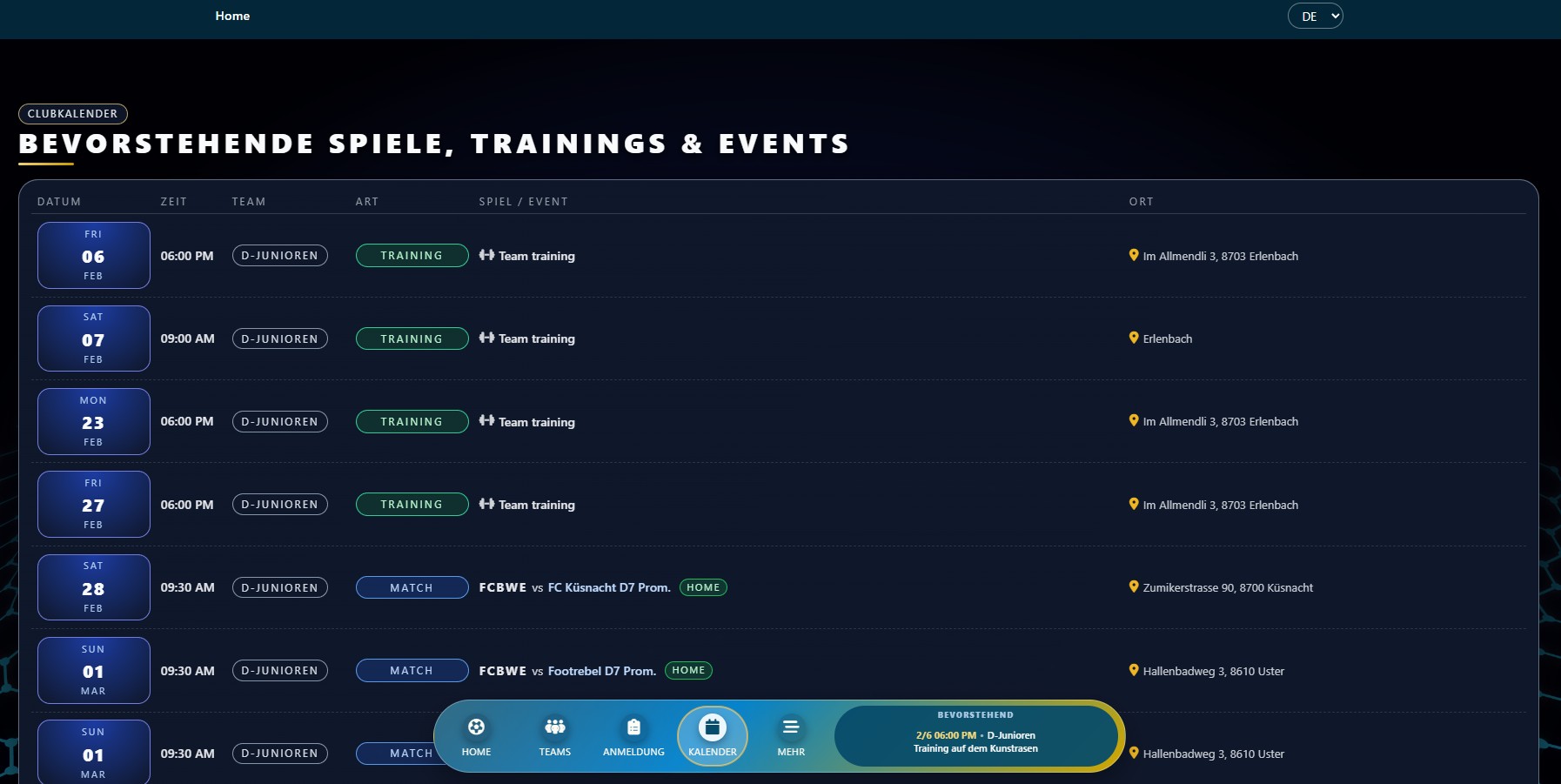 Live Kalender für Matches und Trainings